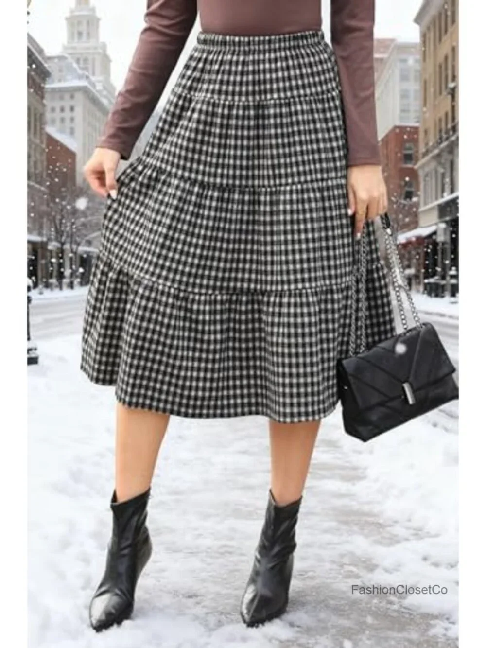 High Waisted Plaid Pleated Maxi Skirt Plus Size Fall Winter